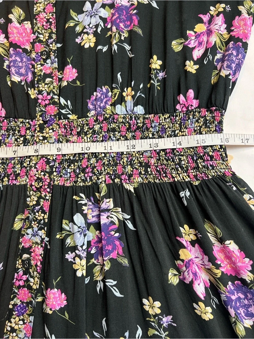 Free people, Maxi floral Bohemian Buttoned Puff Sleeve Black & Pink Dress M